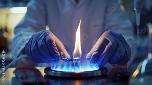 A scientist is holding a flame in a beaker