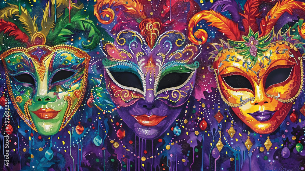 A jubilant Mardi Gras party with vibrant masks and beads.