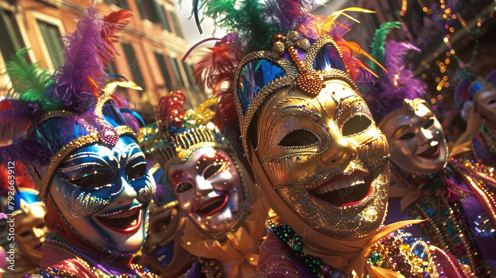 A jubilant Mardi Gras party with vibrant masks and beads.