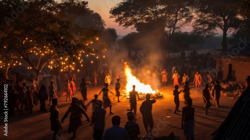 A diverse group of people standing around a crackling fire  warmth and camaraderie filling the night air