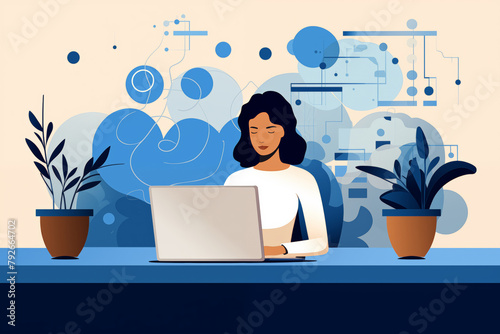 Business graphic vector modern style illustration of a business person in a workplace environment on a laptop computer spreadsheet webcam conference meeting email colleague win pitch account