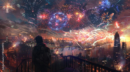 A jubilant New Year's Eve countdown with fireworks painting the sky in bursts of color.