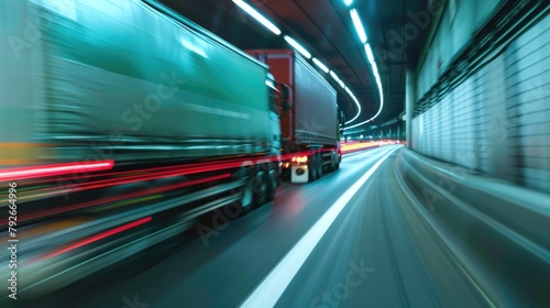 Long exposure two trucks in the tunnel speeding