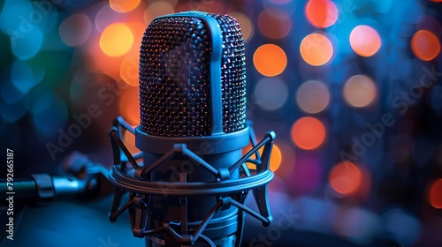 A close-up image of a professional-grade microphone with a shock mount and adjustable stand  capturing the essence of audio recording on a solid background