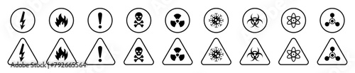  Danger sign collection, Warning Symbol set.,Atomic Danger Icon, Nuclear Radiation Icon, Toxic icons .Vector Illustration