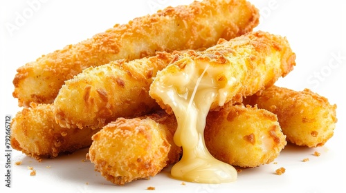 Golden crispy cheese sticks with melting cheese on white background