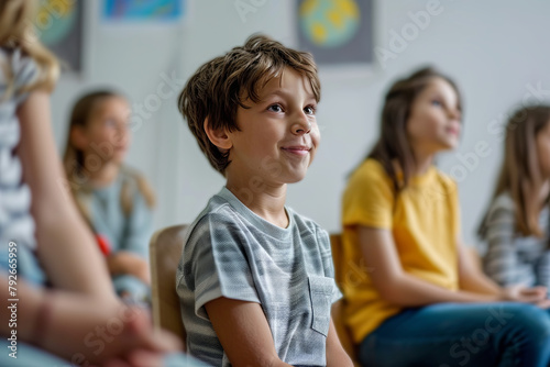Happy young white boy in classroom with peers