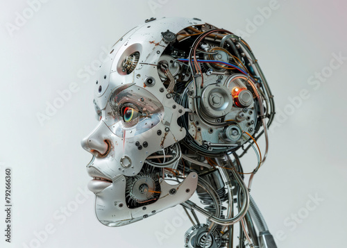 3D rendering of a robot head with high detailed electronic components, on a white background