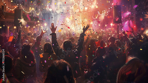 A jubilant New Year's Eve party with confetti raining down on revelers. photo