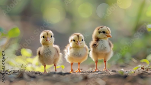 Three adorable ducklings in natural habitat with soft lighting