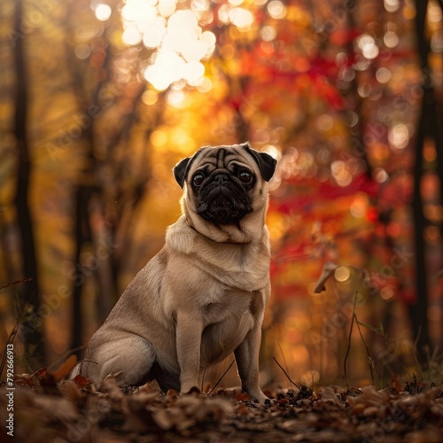 Majestic Pug posing gracefully in enchanting forest nature habitat.