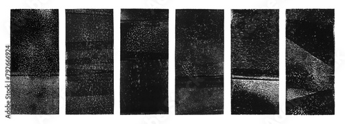 Linocut, relief printing rectangle shapes, wide stripes rough textures set. Paint roller stains, lino ink grungy geometric figure. Black, white artistic linocutting textured backgrounds, text frames.