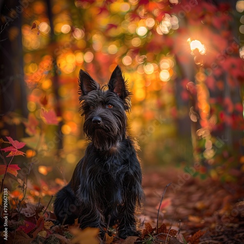 Majestic Scottish Terrier sitting gracefully in a lush forest setting