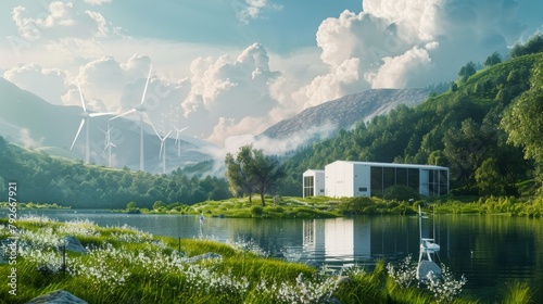Ecology energy solution. Power to gas concept. Hydrogen energy storage with renewable energy sources - photovoltaic and wind turbine power plant in a fresh nature. 
