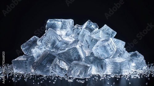 Stack of transparent ice cubes on a black background