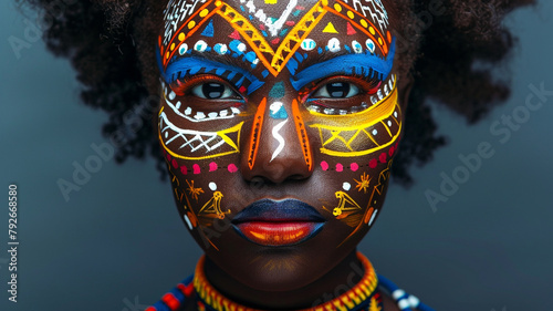 African woman with her face painted in the style of African tribal designs