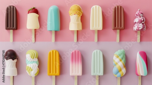 Various tasty sweet Ice cream sticks isolated on pastel colors background. 