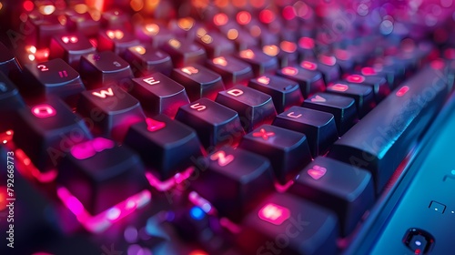 A close-up photograph of a mechanical keyboard with customizable RGB lighting and tactile switches, capturing the essence of precision and responsiveness on a solid background