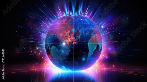 Abstract holographic globe surrounded by digital data streams, global connectivity