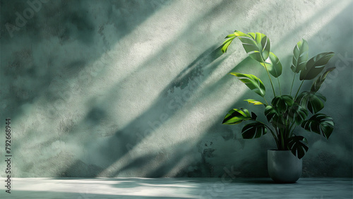 Decorative plant in empty luxury room studio background. The shadow of the leaves of the plant on the wall.