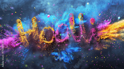 A vibrant Holi celebration with colorful powders and water balloons, accompanied by the word "Holi" in playful script.