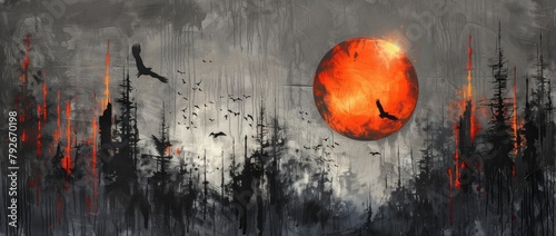 Mystical Twilight: Silhouettes and an Orange Moon in a Dreamy Realm - Generative AI