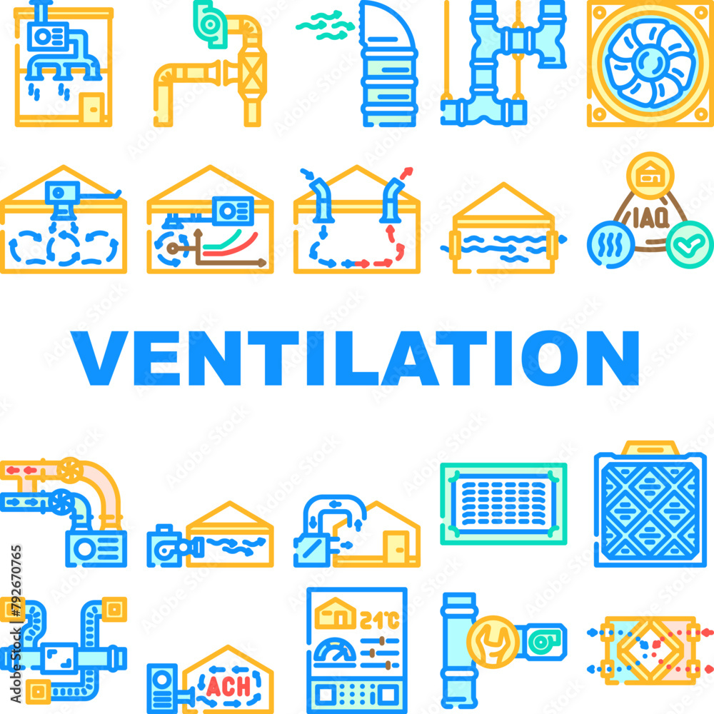Fototapeta premium air ventilation cold wind heat icons set vector. conditioner condition, flow climate, hot technology, fresh house, control cool air ventilation cold wind heat color line illustrations