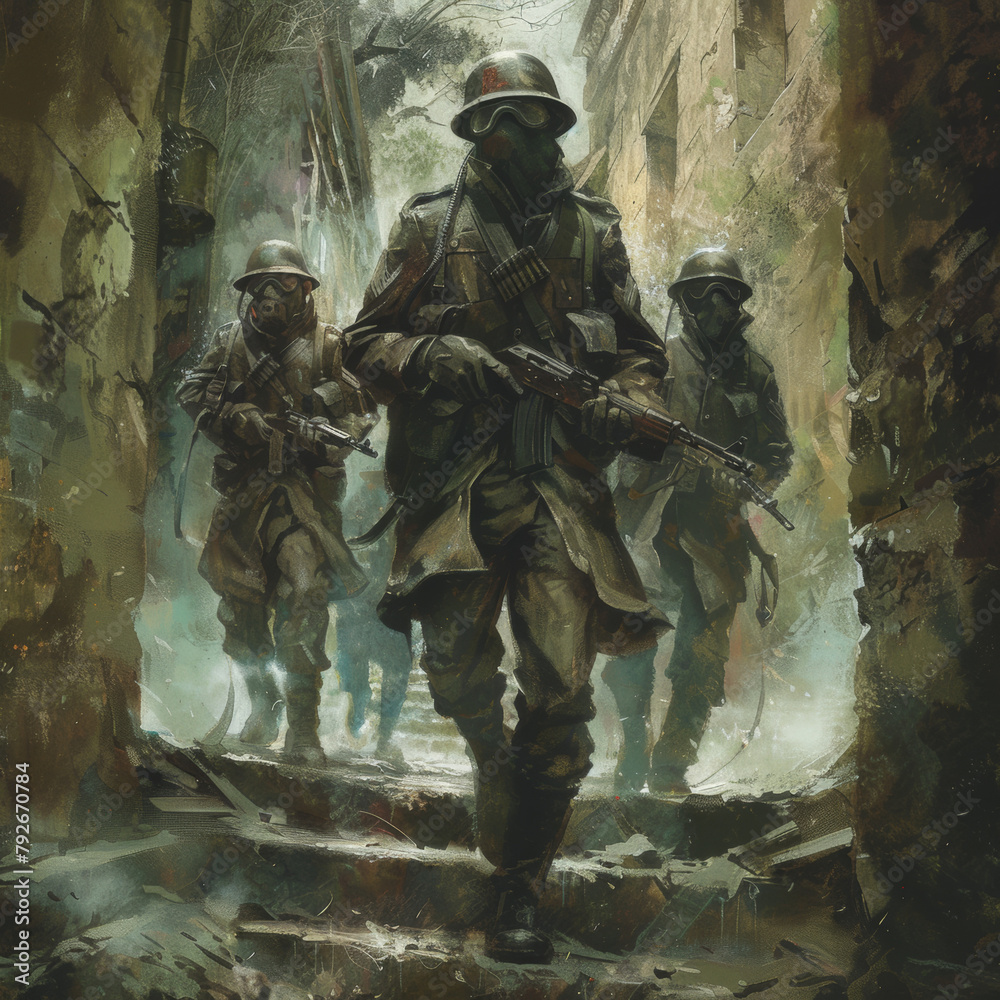 A group of soldiers are walking down a staircase in a war zone. The soldiers are wearing gas masks and carrying guns. Scene is tense and serious, as the soldiers are in a dangerous situation