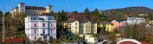 panoramic view of Bath Voeslau with the former grand hotel Bellevue and the Harzberg mountain, Austria