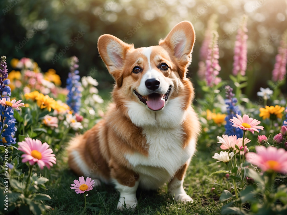 Happy domestic corgi dog in a blooming garden of a country house Happy domestic corgi dog in a blooming garden of a country house