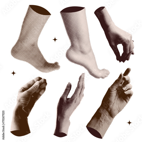 Halftone collage design elements set in trendy magazine style. Female Hands and legs. Vector illustration with vintage grunge punk cutout shapes.