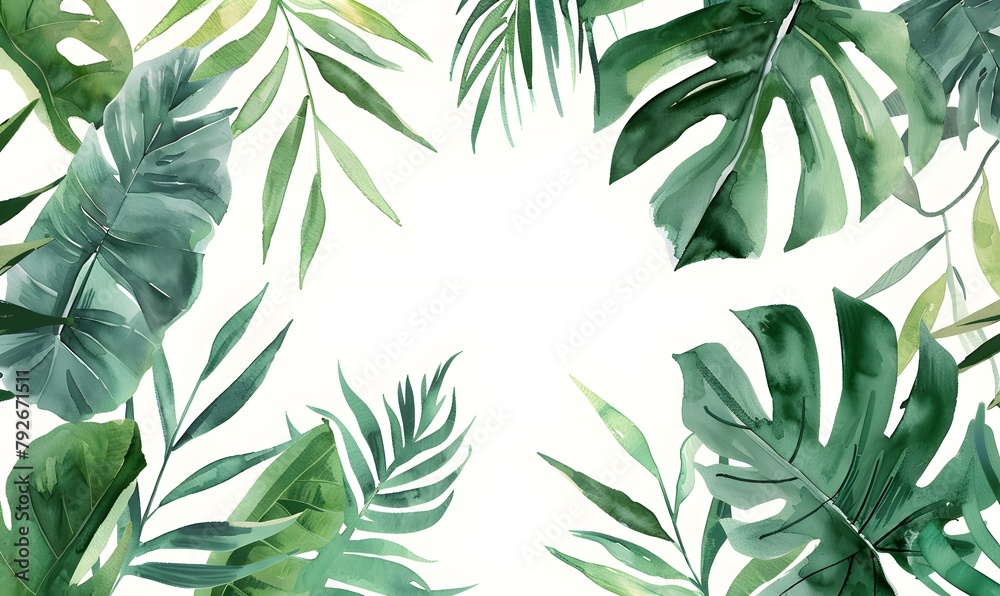 Fototapeta premium watercolor illustration flat lay tropical green plants and leaves copy space background,Generative AI 