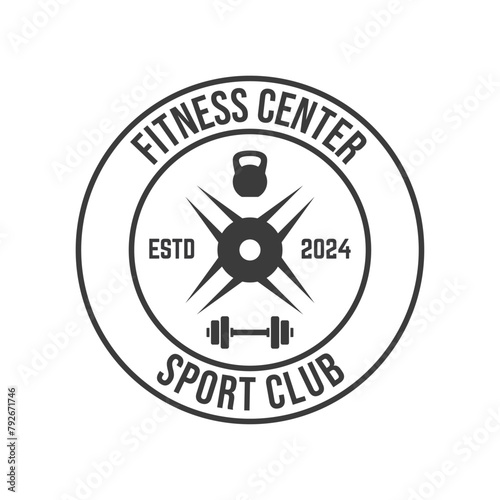 Vector barbell Plate logo design isolated on white background.