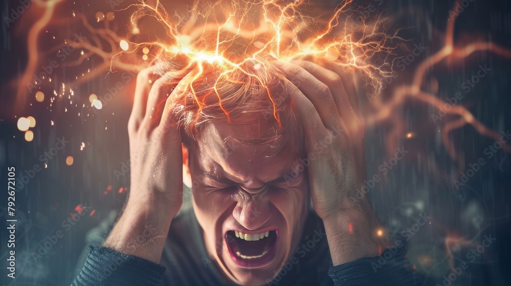 Nervous breakdown. Reaction to overwhelming stress. Seek help. Experience emotional outbursts, anxiety, or difficulty functioning in daily life. Cause a universal reaction. Attack of aggression - obrazy, fototapety, plakaty 