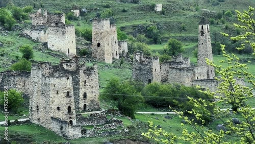 The complex of old Egikal Towers, the largest medieval castle-type tower villages, is located on the outskirts of a mountain range in Ingushetia, Russia. An ancient family crypt. 4К photo