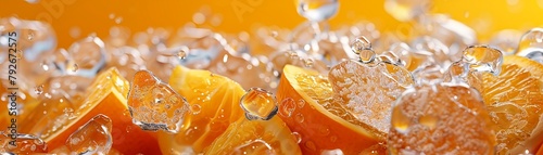 a 3d discount object , made by orange fruits and ice , on a yellow,orange sharp background , high quality photo