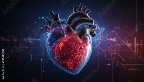  model of human heart on digital background photo