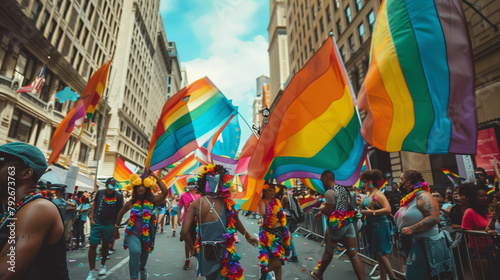 A vibrant Pride parade with colorful flags and exuberant marchers.