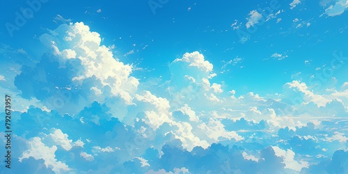 A clear blue sky with fluffy white clouds, creating an enchanting and dreamy atmosphere in the style of anime.