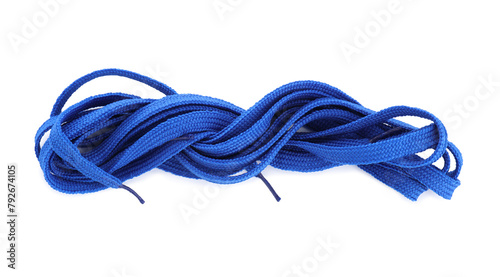 Stylish blue shoe laces isolated on white, top view