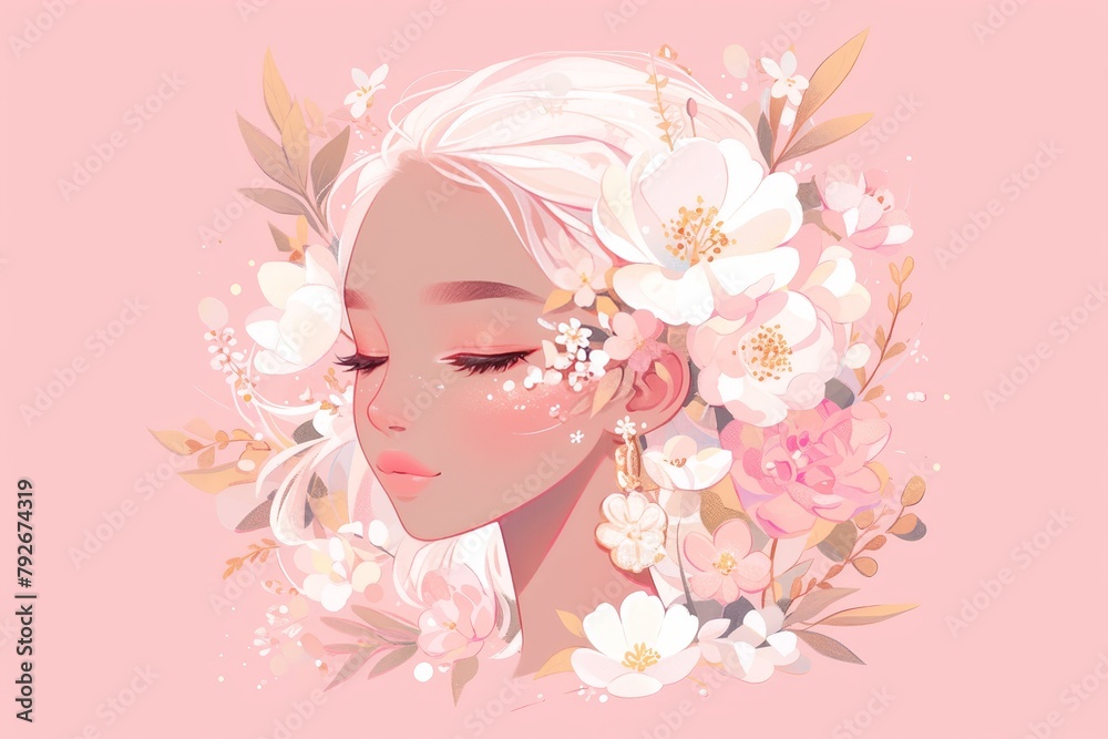 A beautiful woman with flowers and leaves in the style of paper cut style, on a pink background
