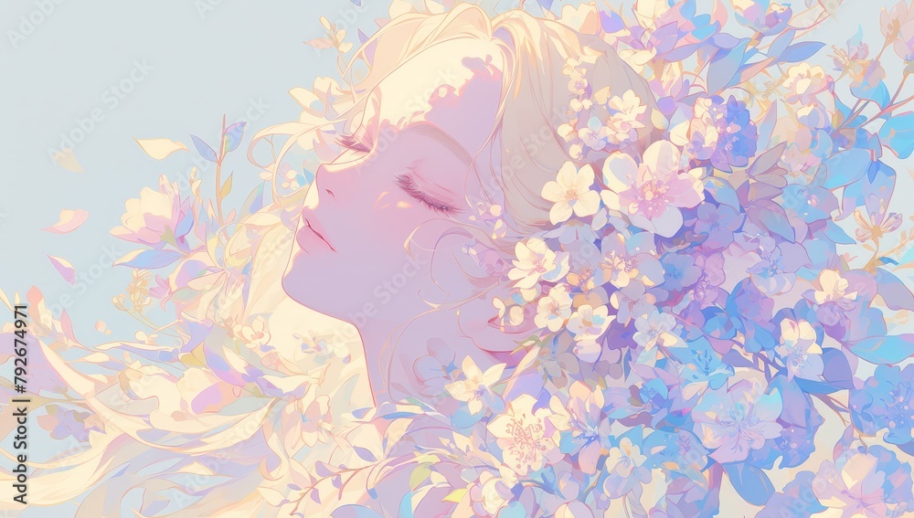 A beautiful woman with flowers in her hair, surrounded by floating petals and blooming plants. The background is a soft pastel color, creating an ethereal atmosphere that enhances the beauty of nature