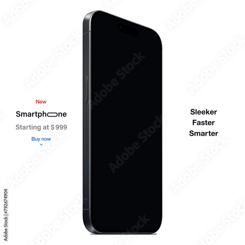 new frameless smartphone grey color with black screen, isolated on white background. mockup of realistic and detailed mobile phone with shadow. vector 3d isometric illustration