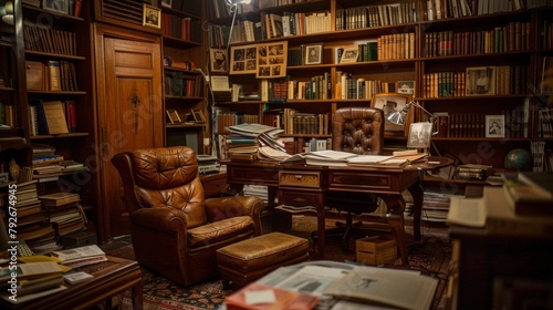A dimlylit room with a leather armchair a bookshelf filled with journals and memoirs and a desk covered with letters and documents. This image captures the diplomat in their retirement . photo