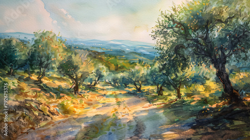 Pastel water colors landscape with olive grove. 