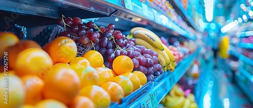 a modern supermarket produce aisle, showcasing an assortment of fresh, vibrant fruits