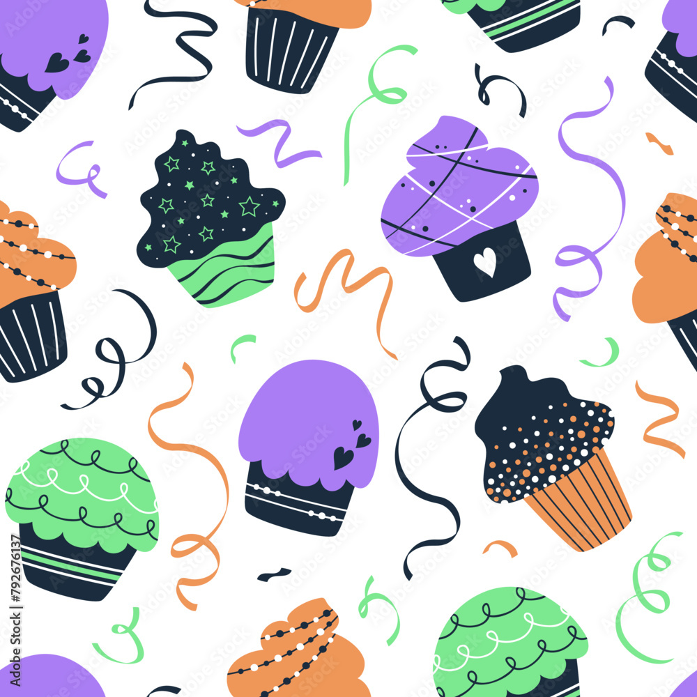 Fototapeta premium Vector flat seamless pattern with cupcakes