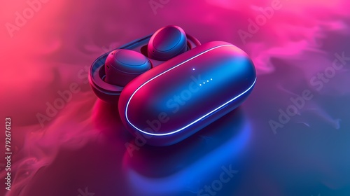 A set of stylish wireless earphones with a charging case, representing convenience and immersive sound, placed on a solid background photo