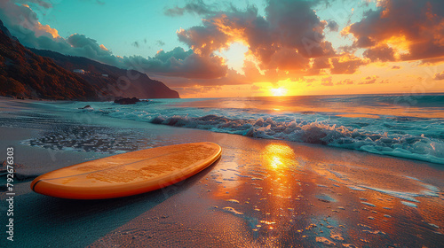 Surfboard on the beach at sunset