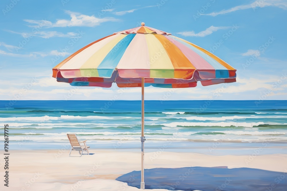 A vibrant beach umbrella stands tall against a backdrop of sun-kissed shores and skies, its colorful canopy providing welcome shade on a hot summer day